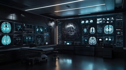 Fototapeta premium A high-tech medical room with brain scans and imaging equipment.