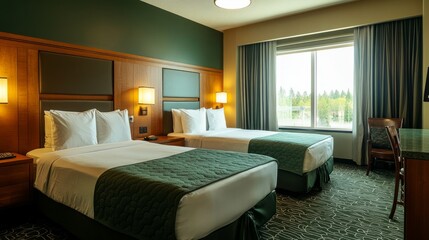 Fototapeta premium A modern hotel double room with two cozy green beds, soft white linens, and warm lighting, featuring a stylish wooden headboard and a large window