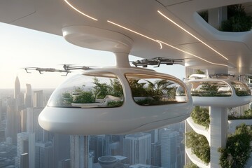 Innovative transportation pods hover between modern skyscrapers in a futuristic city during sunset