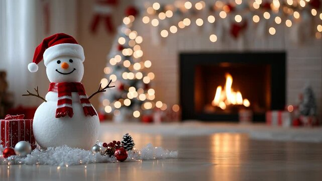 Sc&egrave;ne de No&euml;l dans un salon avec un bonhomme de neige, un sapin et un feu de chemin&eacute;e - Vid&eacute;o boucl&eacute;e. Christmas scene in a living room with a snowman, a fir tree and a fireplace - Looped video.