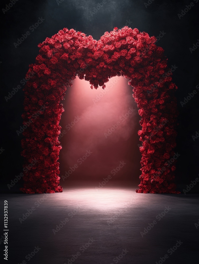 Poster a romantic archway adorned with red flowers, illuminated by soft light, creating an enchanting atmos