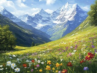Fototapeta premium Mountain meadow, colorful wildflowers, snow-capped peaks.