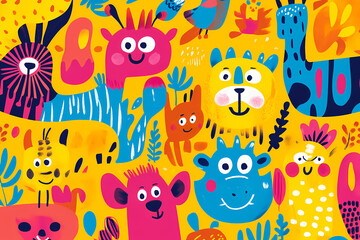 Fototapeta premium Colorful illustration of happy animals playing together on a bright yellow background