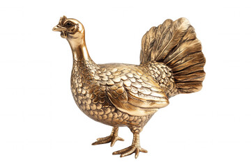 Obraz premium A beautifully crafted golden sculpture depicting a peacock, highlighting intricate details in its feathers and stance. The piece is isolated against a transparent backdrop, allowing full focus on its 