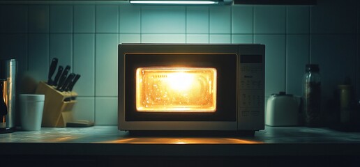 A microwave in a dimly lit kitchen, heating food with a warm glow.
