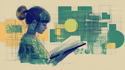 Abstract art of woman reading a book with geometric patterns