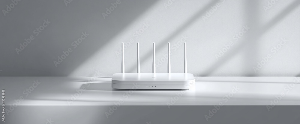 Poster a minimalist white router with five antennas on a sleek surface.