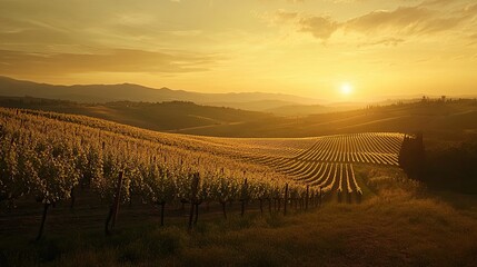 Obraz premium Golden sunset over rolling vineyard hills.