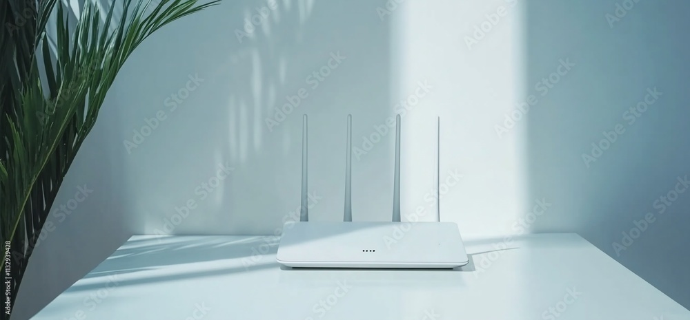 Poster a modern wi-fi router on a minimalist table with natural light.