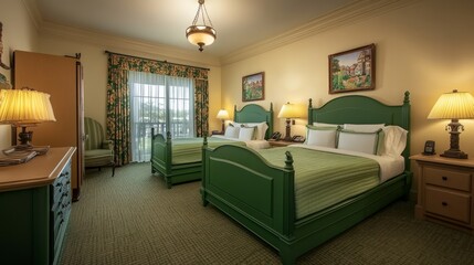 A warm and inviting double room with matching green beds, soft beige walls, and bedside tables with glowing lamps for a cozy feel