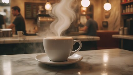 Fototapeta premium A Cup of Warmth on a Marble Countertop in a Cozy Cafe