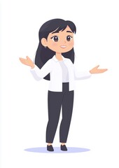 Minimalist cartoon of a smiling woman in a white shirt and black pants with a welcoming pose