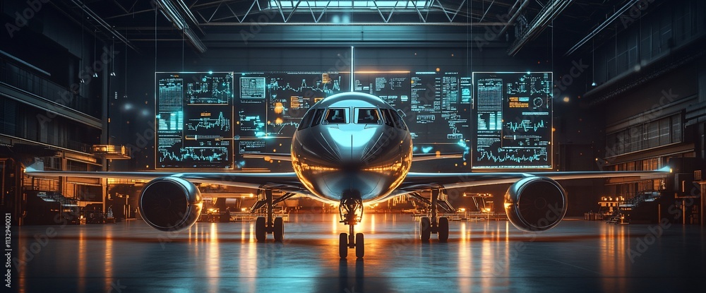 Poster a modern aircraft in a high-tech hangar with data displays.