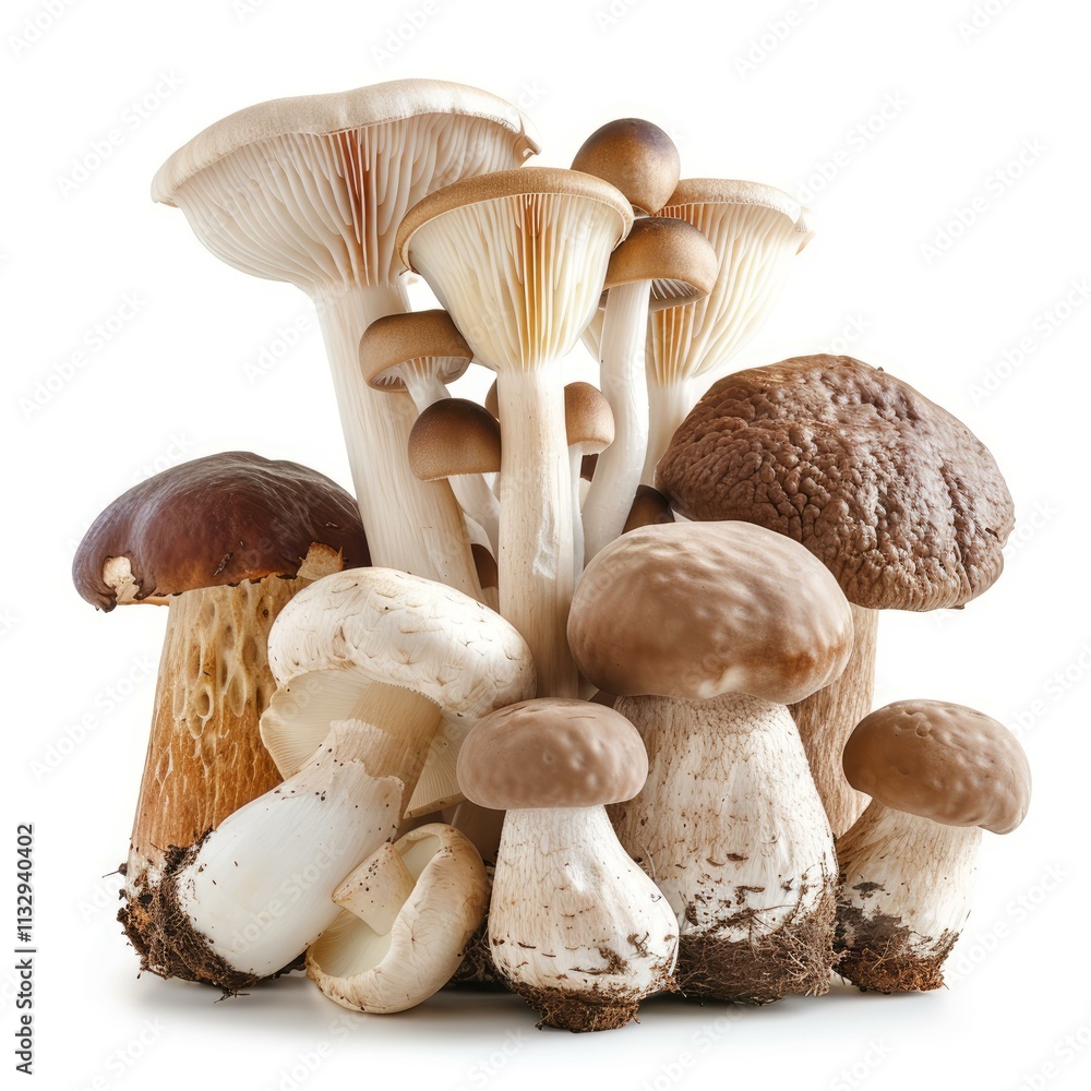 Poster different types of edible mushrooms creating an interesting composition on a white background