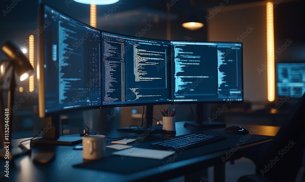 Poster A modern workspace featuring multiple monitors displaying code.