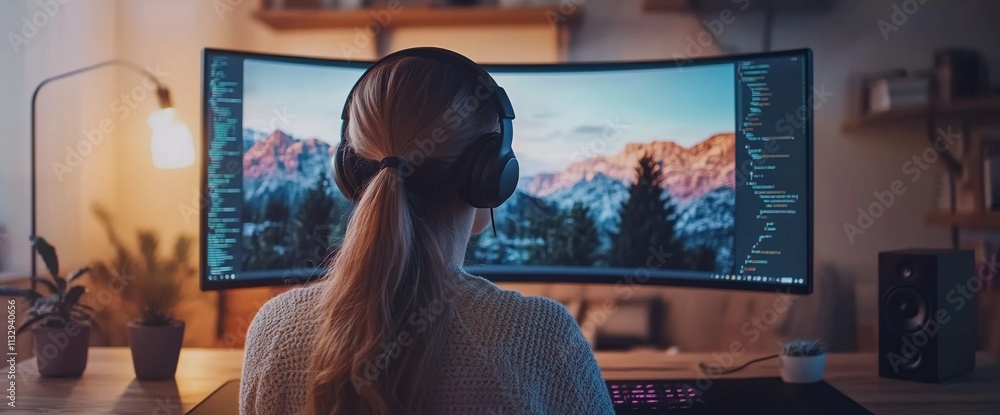 Poster A person using headphones in front of a curved monitor displaying mountains.