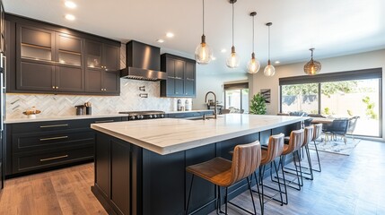 Modern kitchen with dark cabinetry, marble island, and stylish lighting fixtures.