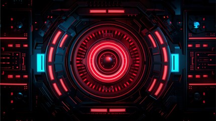 Obraz premium Cybernetic Eye: Glowing Red and Blue Neon Tech Panel 
