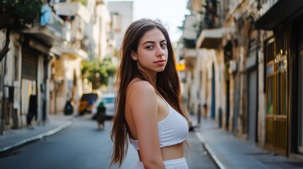 Fototapeta premium Woman with long hair is standing on a street