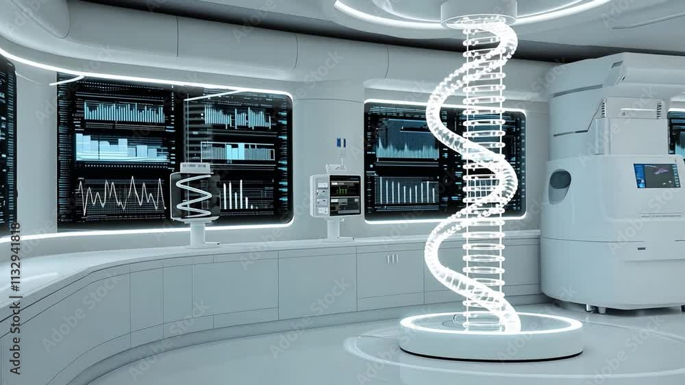 Poster innovative biocomputer technology displayed in a sleek laboratory setting with advanced data visuali
