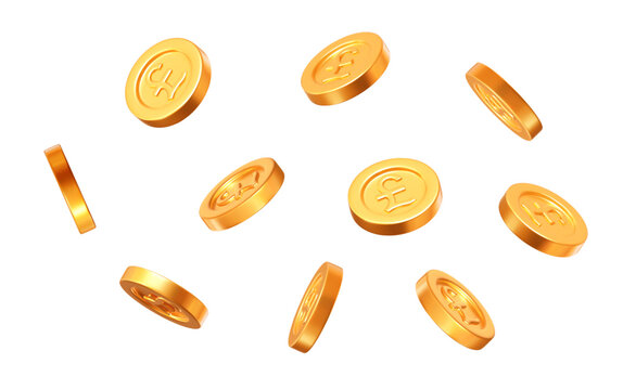 3d flying golden coins with pound sterling sign. Currency of United Kingdom. Precious expensive treasure. Stock vector illustration.	