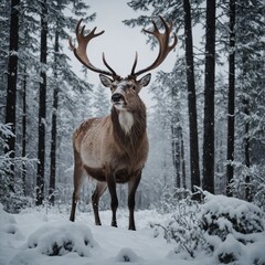 A majestic reindeer in a snowy Scandinavian forest.
