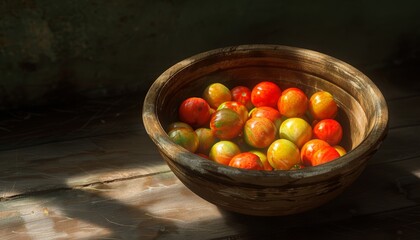 A wooden bowl filled with colorful Easter eggs sits on a rustic wooden table.