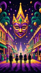 Fototapeta premium illustration videogame style retro gaming 8 bit vintage of venetian or brazilian carnival masks for festivities or masquerade shows