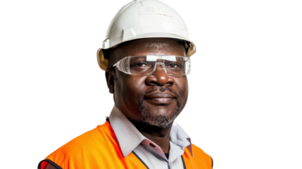 African middle age male engineer with safety helmet on white background