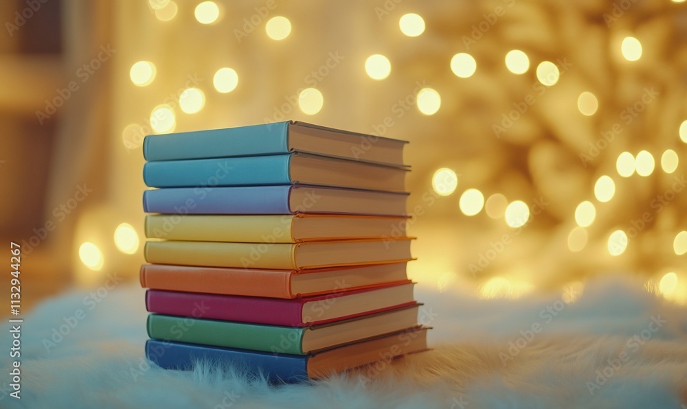 Poster A stack of colorful books on a soft surface with blurred lights in the background.