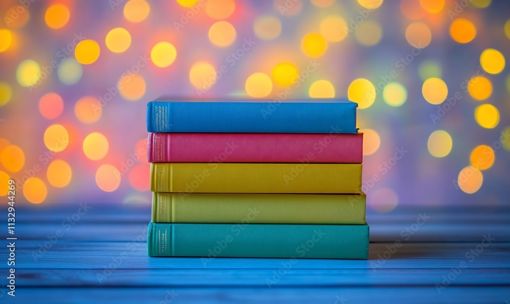 Poster a stack of colorful books against a blurred bokeh background.