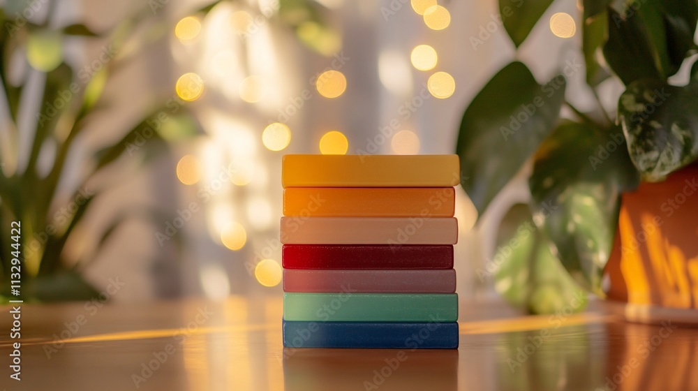 Aufkleber A stack of colorful blocks with a blurred background of plants and lights.