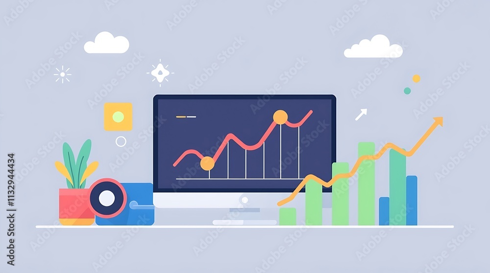 Poster growth and progress: an illustration of a computer screen displaying a rising graph, symbolizing bus