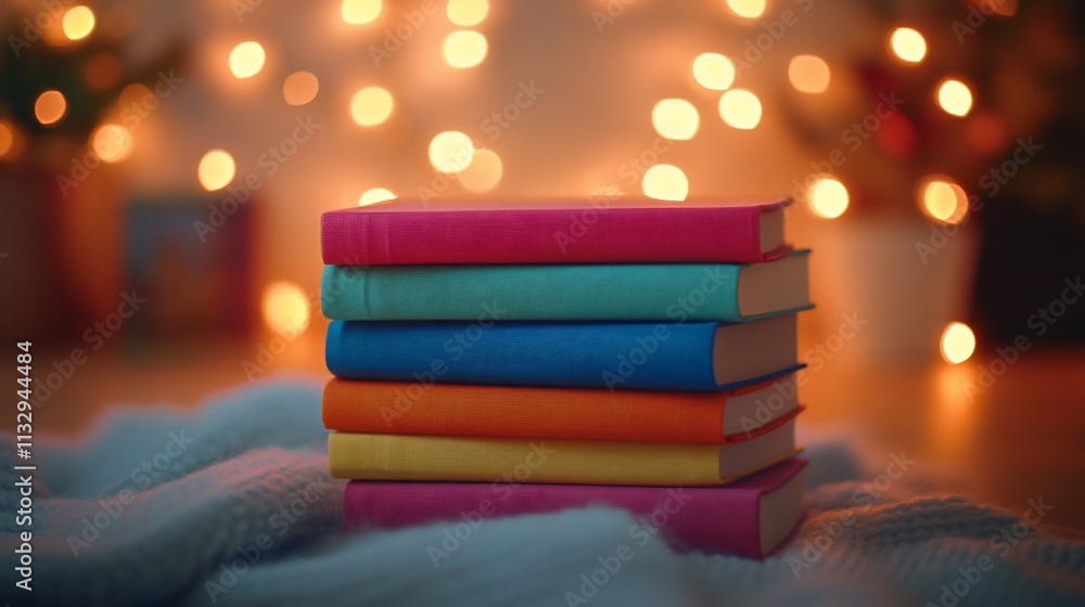 Poster A stack of colorful books on a cozy blanket with soft bokeh lights.