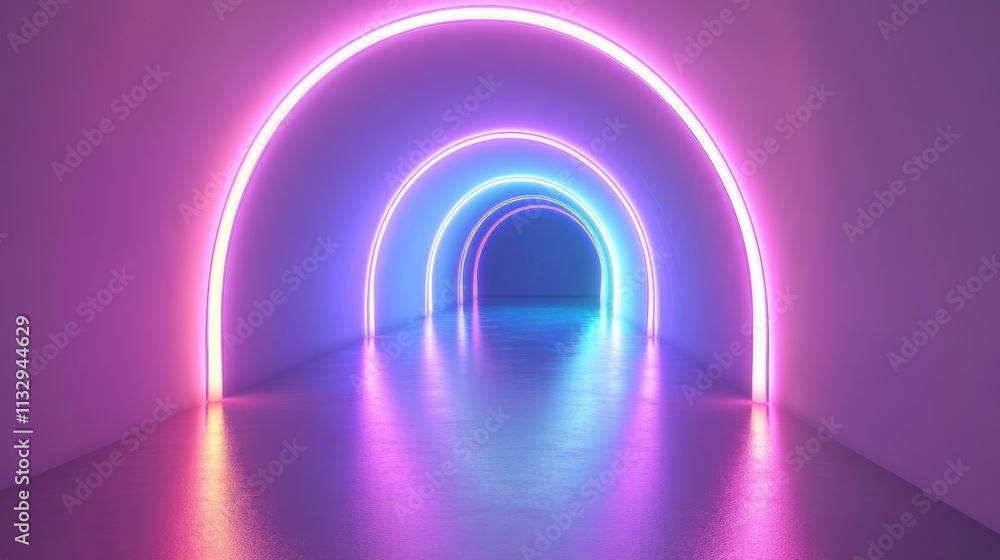 Poster a vibrant, illuminated tunnel with neon arches creating a futuristic atmosphere.
