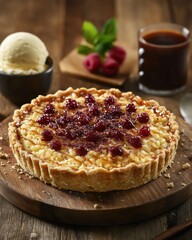 A delicious tart topped with raspberries, served with ice cream and coffee.