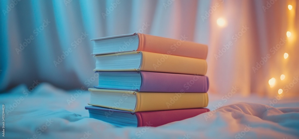 Poster A stack of colorful books on a soft surface with warm lighting.