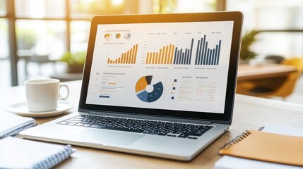A laptop displaying colorful data visualizations on a wooden table next to a coffee cup.