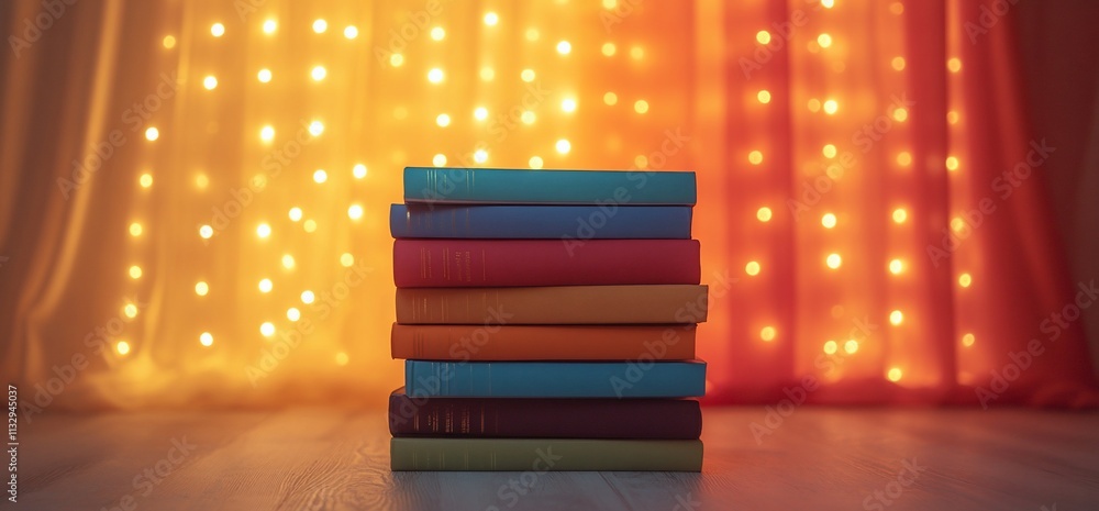 Aufkleber a stack of colorful books against a softly lit background.