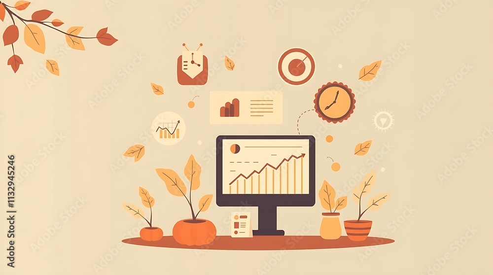 Poster autumnal growth: a desktop illustration featuring a computer screen displaying an upward trend graph