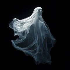 Fototapeta premium Floating ghost figure made of translucent white fabric against black background. Ethereal spooky spirit shape with flowing cloth texture. Halloween decoration concept. Space for text