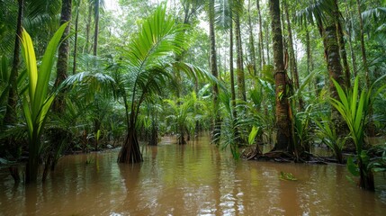 Lush Tropical Rainforest with Flooded Waterway