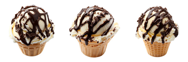 Set of  A close-up of a hand holding a vanilla ice cream cone with a crisp biscuit base on transparent png background