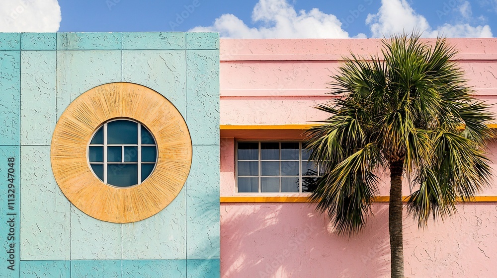 Poster Pastel building facade with palm tree and circular window.