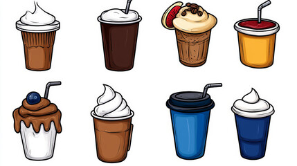 Delightful Drinks Collection: An array of hand-drawn iced coffee, smoothies, and frozen desserts in various cups and containers, perfect for menu design, branding, or cafe-themed projects. 