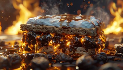 A close-up of a gooey, melted s'more with chocolate and marshmallow on top of a graham cracker. The s'more is melting over a bed of hot coals.