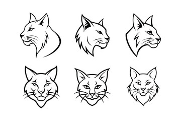 Fototapeta premium Various styles of a bobcat's logo, labeled line art low vector design illustration.