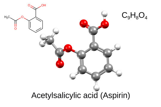 Structure of acetylsalicylic acid (aspirin). Chemical formula, structural formula and 3D ball-and-stick model.