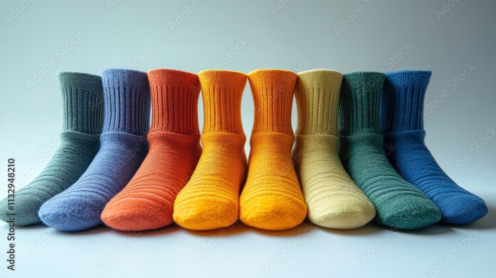 Poster vibrant collection of cozy knitted socks in a rainbow array of colors displayed neatly on a soft gra