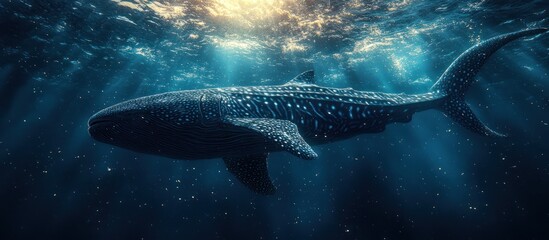 Fototapeta premium Majestic whale shark swimming in sunlit ocean depths.